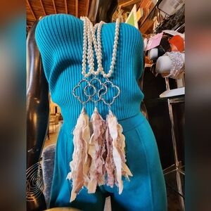 White Faux Pearls, Pink & White Tassel Necklace